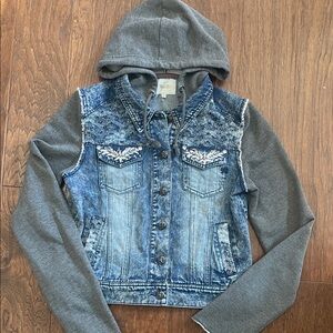 Miss Me Stylish Denim Jacket with Gray Hood & Sleeves